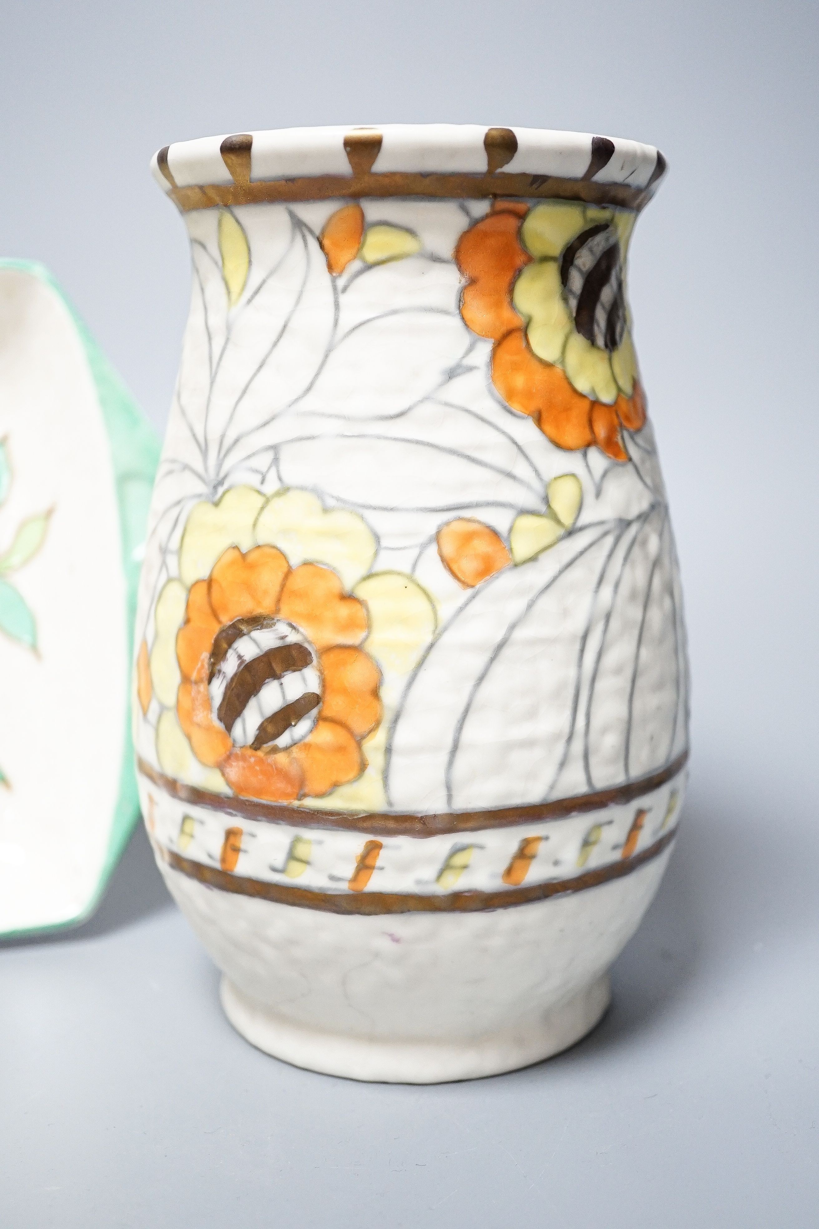 A Charlotte Rhead sandwich tray, patch-pattern dish and a Persian Rose pattern vase, latter 17cm